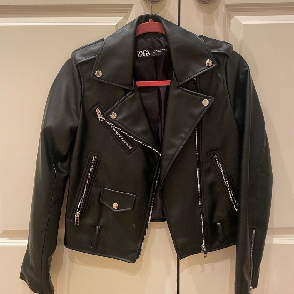 Zara Black Leather Motorcycle Jacket Size XS